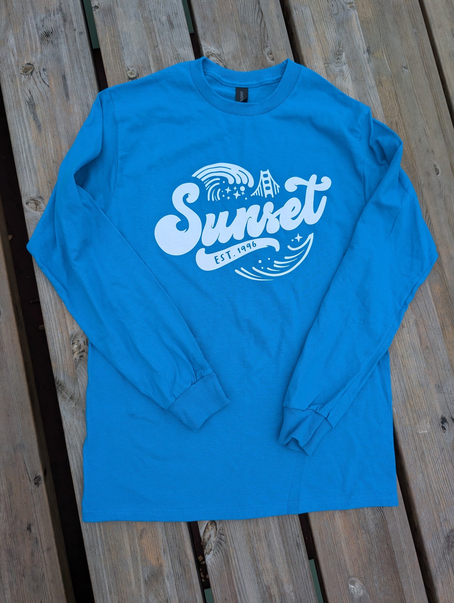 New! Adult Sunset Wave Long Sleeve Shirt in Sapphire Blue